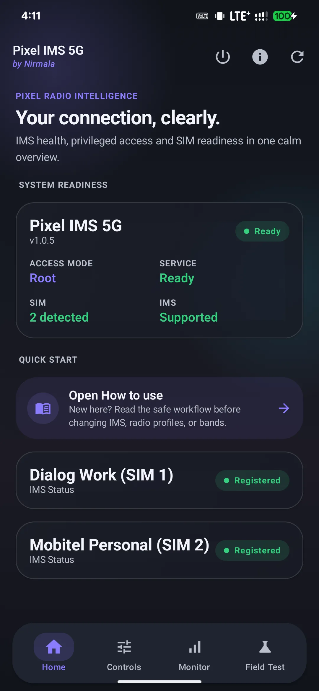 Pixel IMS 5G Android application screens