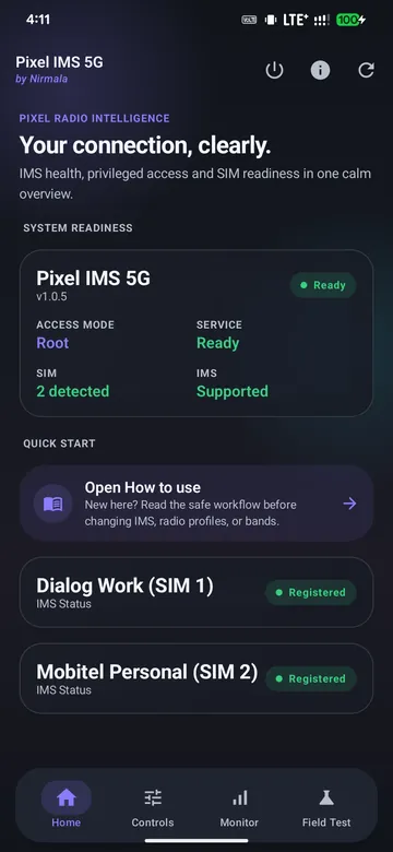 Pixel IMS 5G showing IMS registration and SIM readiness