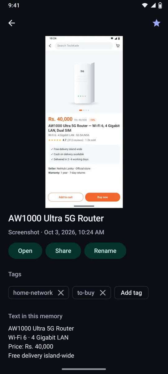 Recall memory detail: the AW1000 router screenshot, the text Recall read from it, and its tags