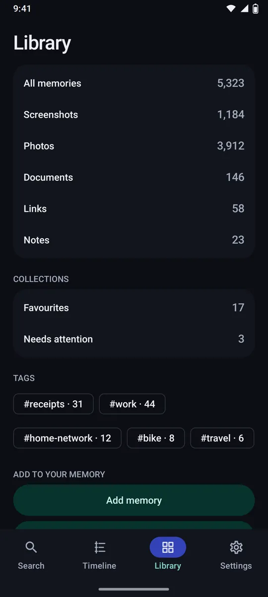 Recall library with counts of screenshots, photos, documents, links and notes, and tags