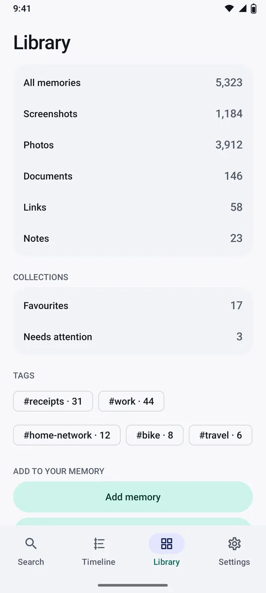 Recall library with counts of screenshots, photos, documents, links and notes, and tags