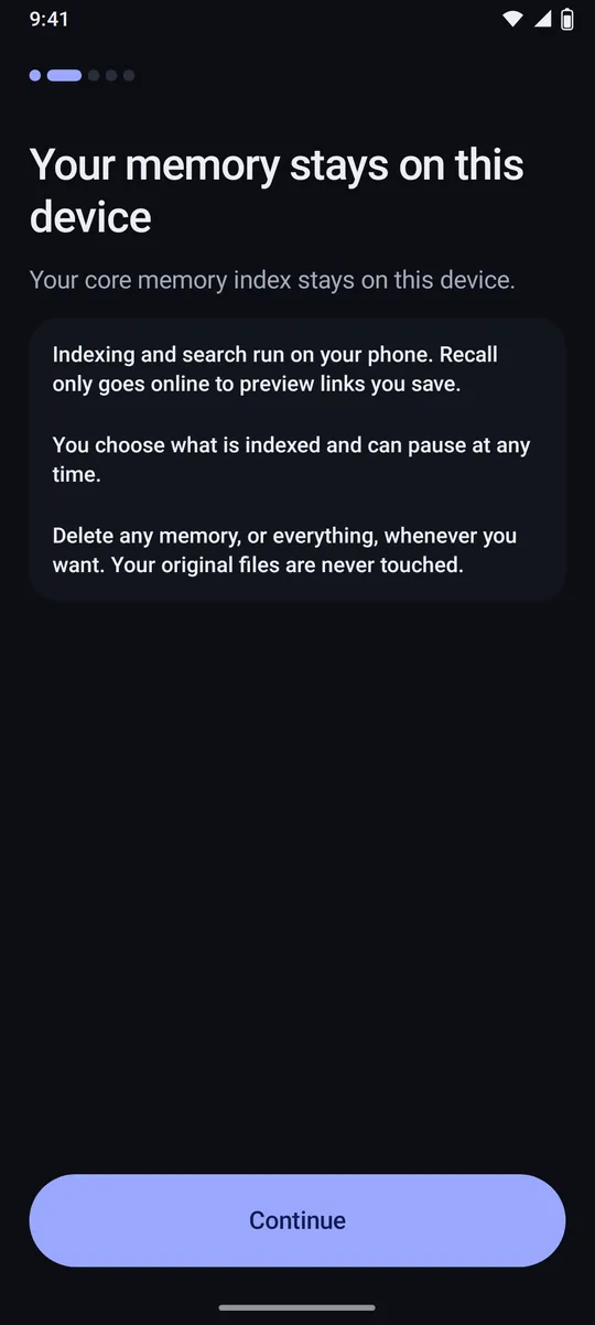 Recall onboarding step: your memory stays on this device
