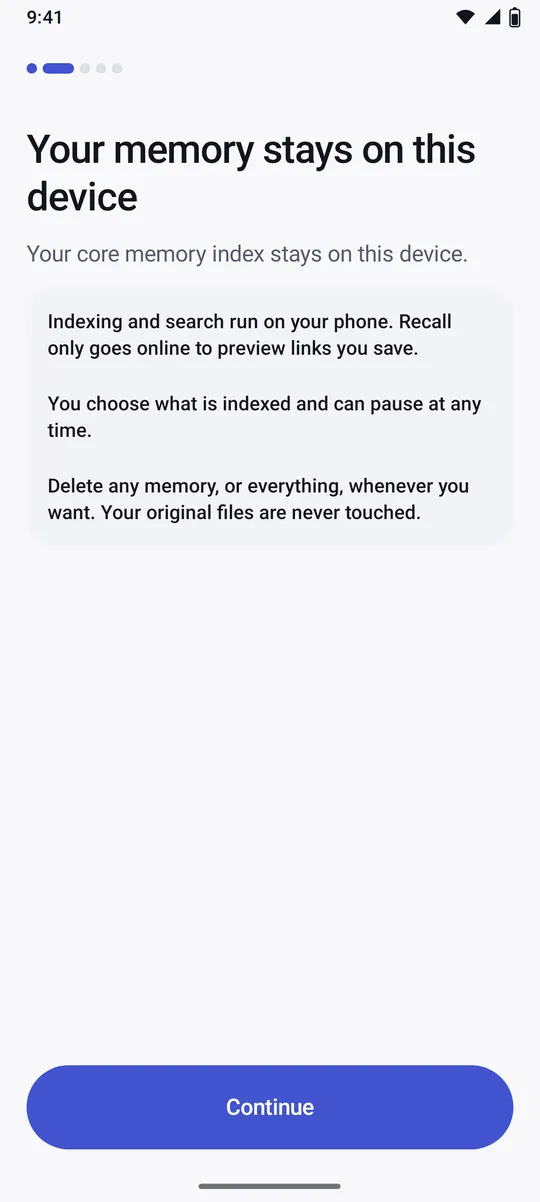 Recall onboarding step: your memory stays on this device