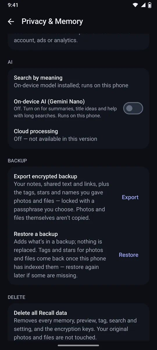 Recall Privacy and Memory settings showing search by meaning, on-device AI, cloud processing off, backup and delete