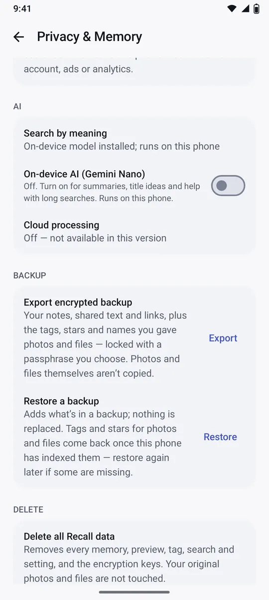 Recall Privacy and Memory settings showing search by meaning, on-device AI, cloud processing off, backup and delete