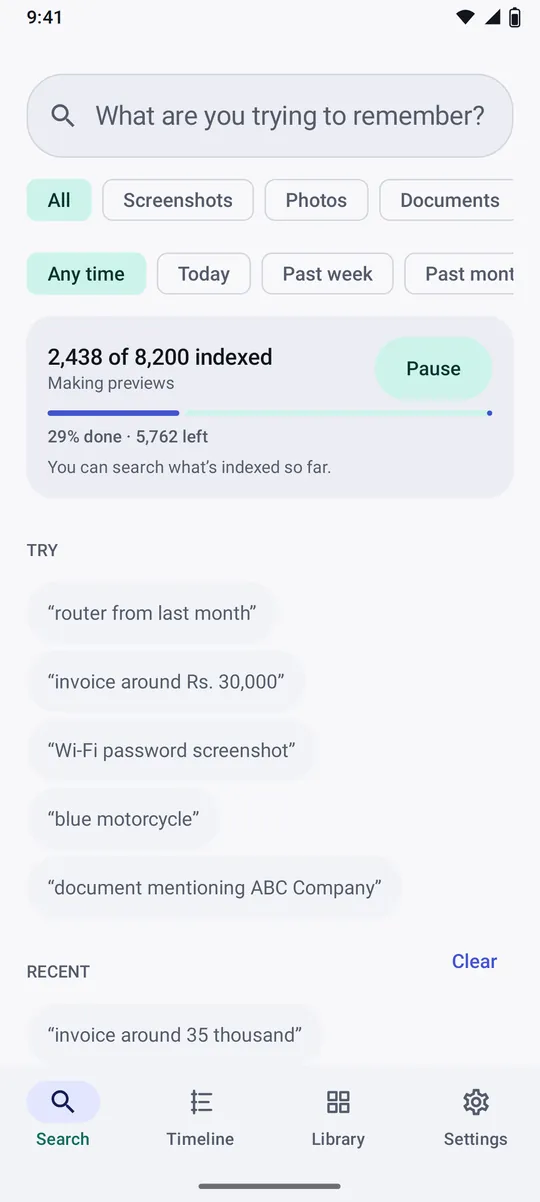 Recall search screen with indexing progress, 2,438 of 8,200 items, and suggested searches