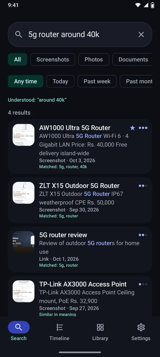 Recall search for “5g router around 40k” with four results, the AW1000 router first
