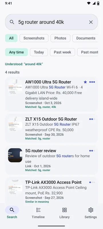 Recall search for “5g router around 40k” finding the router screenshot first