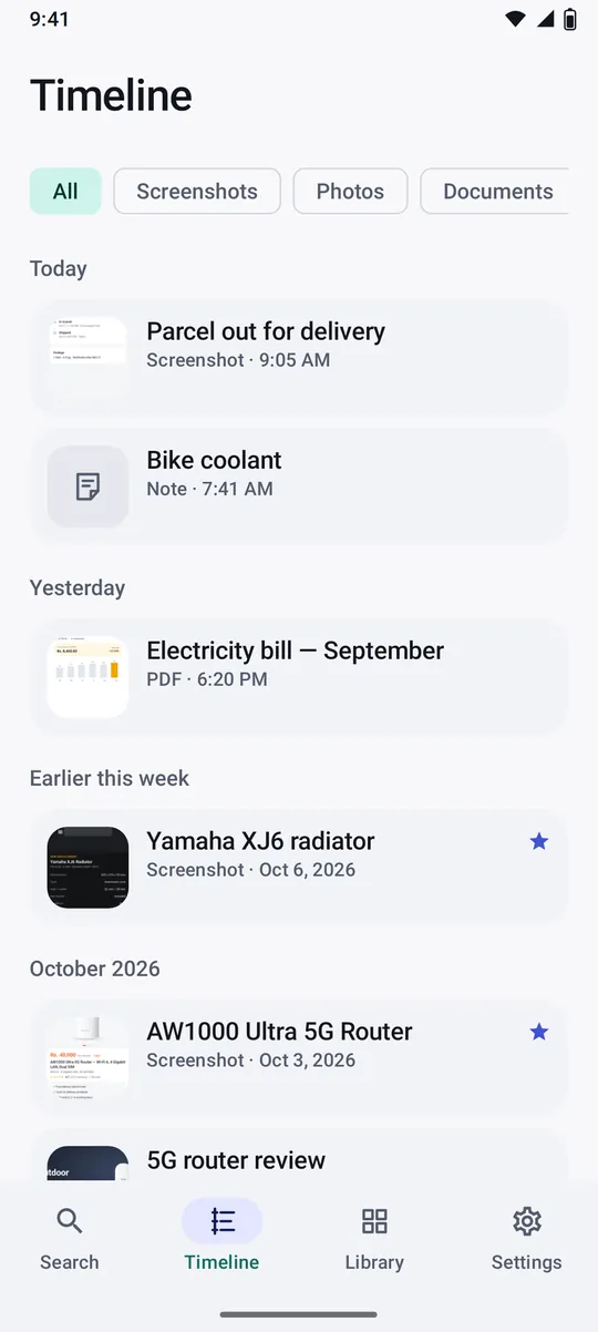 Recall timeline grouped by Today, Yesterday, earlier this week and month